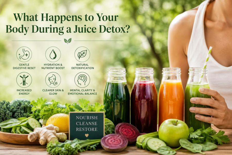 Woman enjoying organic juice detox with fresh fruits and vegetables